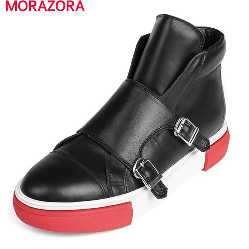 

MORAZORA Flat platform shoes autumn boots comfortable ankle boots for women solid buckle fashion boots cowhide