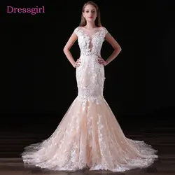 Шампанское Vestido De Noiva 2019 Свадебные платья Русалка с короткими рукавами Тюль Аппликации кружево спинки свадебное платье