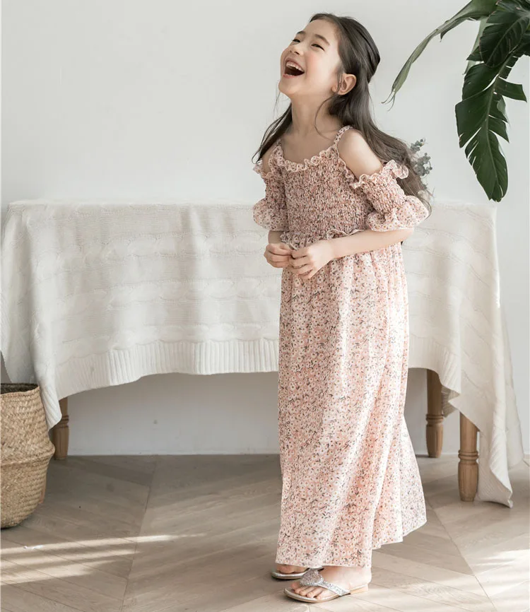 floral maxi long dress girl a line dress mother daughter clothes big girls dresses summer 2018 pink green beach holiday baby girls with sleeve teeange girls clothing (10)