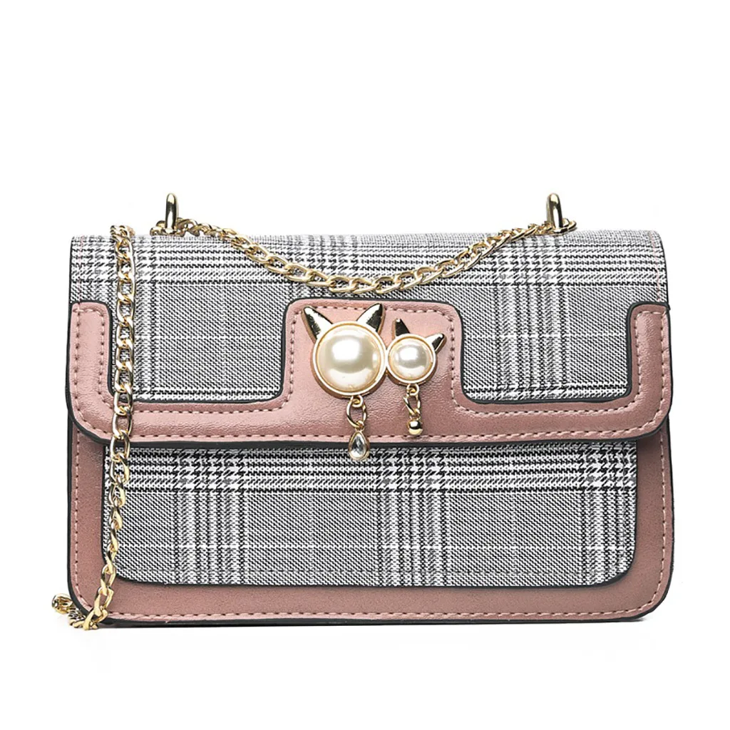 Женская маленькая сумка-мессенджер с жемчугом в консервативном стиле, клетчатые сумочки, женские сумки на плечо с цепочкой, высокое качество, женская сумка - Цвет: Розовый