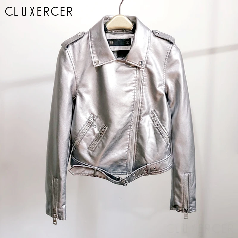

Fashion Women Autumn Winter Faux Soft Leather Jackets Ladies PU Silver Black Pink Zippers Coats Motorcycle Jacket Outerwear