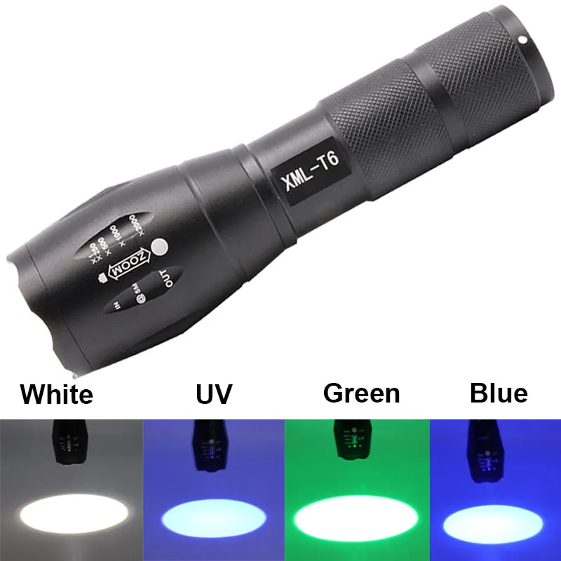 

Super Bright 2000lm XM-L T6 Zoomable Tactical Flashlight with Hand strap white blue green UV Zoom Flashlight