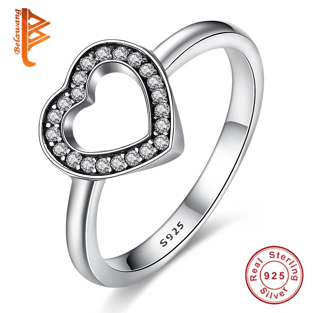 

BELAWANG Classic Jewelry 925 Sterling Silver CZ Austrian Crystal Love Heart Rings for Women #6 7 8 Size Authentic Jewelry