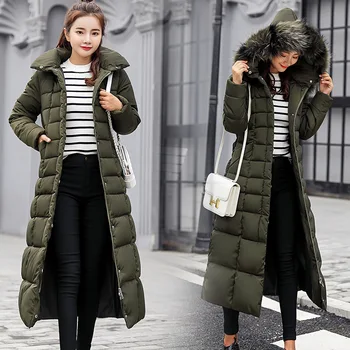 

S-3XL Winter New Women Casual Cotton Down Jacket Hoodie Long Parkas Fur Collar Clothes Warm Female Winter Coat 017-902KY1