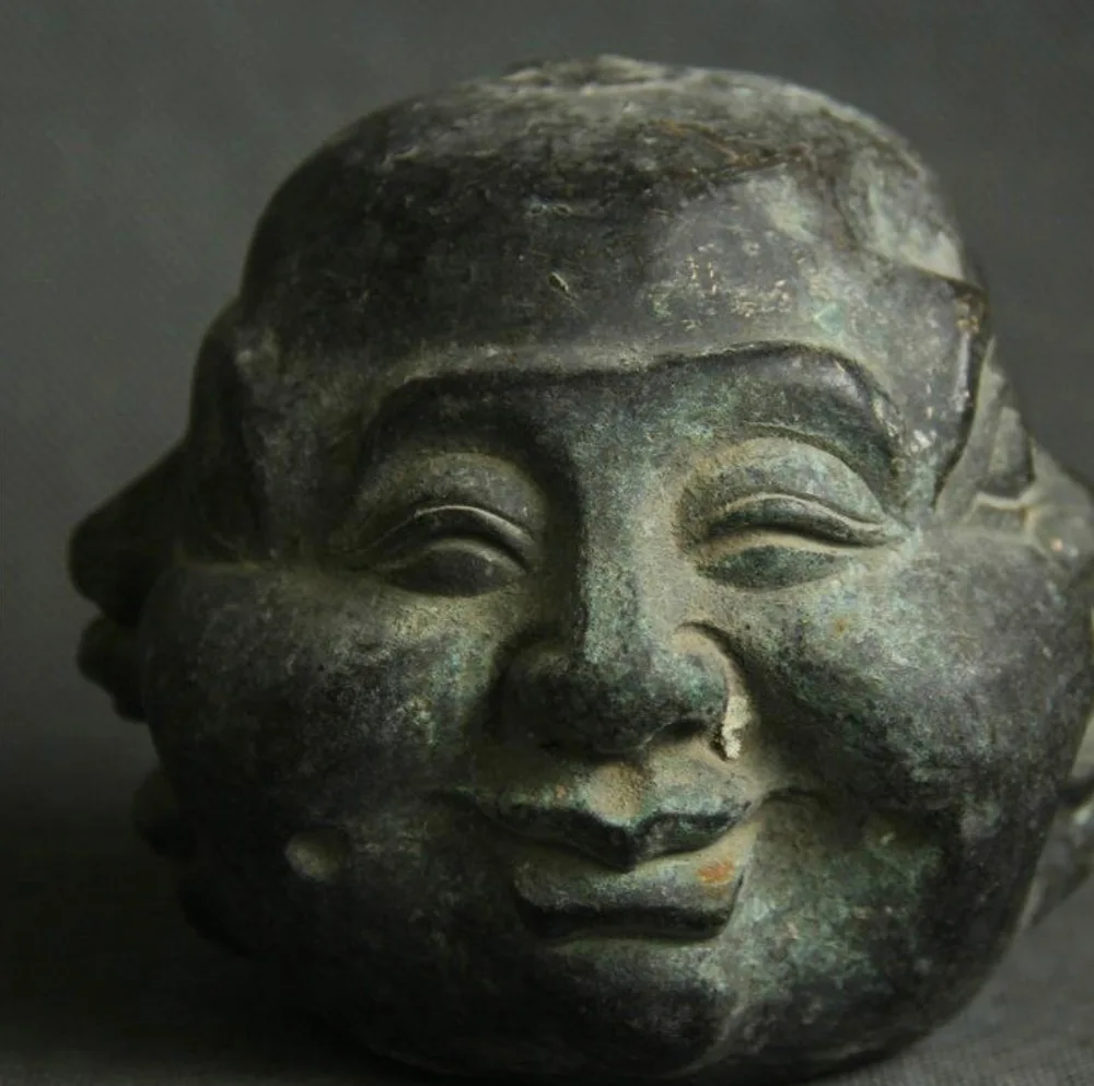 

4" Old China Bronze Four Face Moods Happy Laugh Maitreya Buddha Head Bust Statue