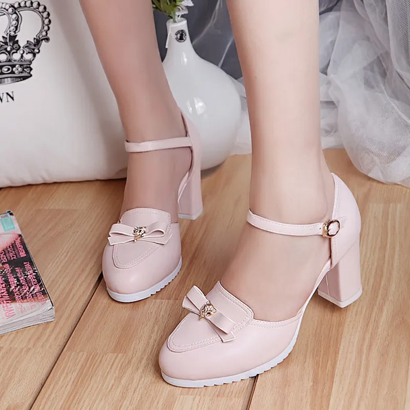 

New Spring Bowtie Women Pumps Mary Janes Rhinestone Dating Shoes Sweet Square Heels Lady Shoes