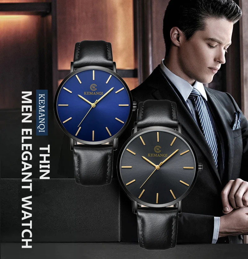 Men Ultra-thin Quartz Dial Leather Wrist Watch Sadoun.com