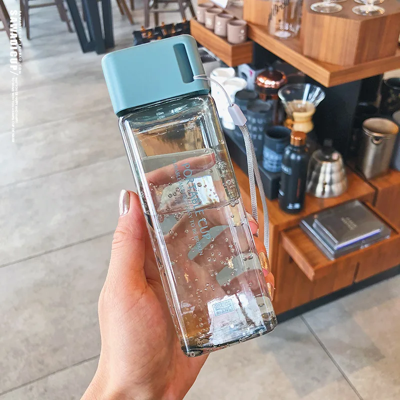 300ml Small Square Plastic Water Cup with Lid Portable Female Student Summer Hand Cup Leakproof Simple Transparent Bottles