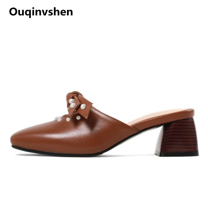 

Ouqinvshen String Bead Beige Women Heels Pointed Toe Fashion Genuine Leather Summer Slippers Butterfly-knot Mules Shoes Women