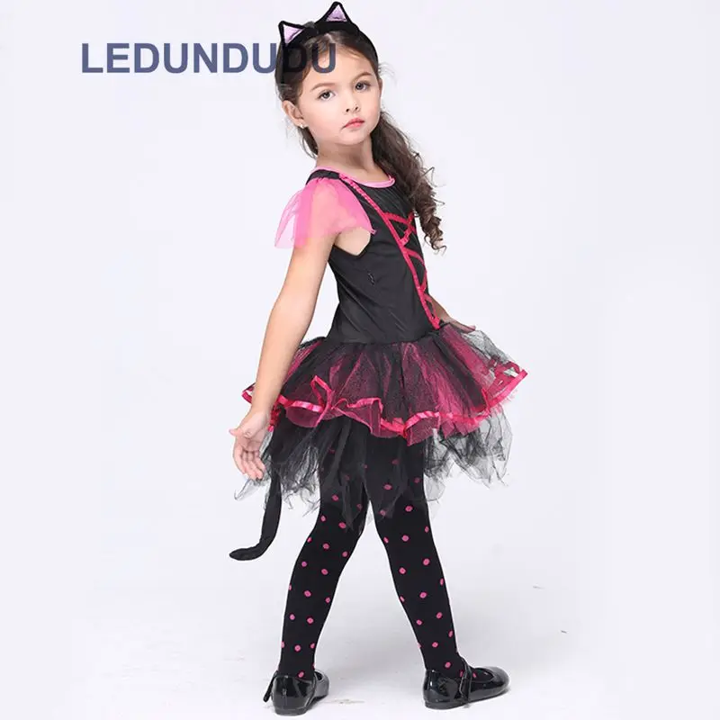 Kids Leopard Tiger Cute Girls Lace Dress Funny Catwoman Cosplay Lovely Cat Children Ballet Dresses Halloween Costumes  (16)