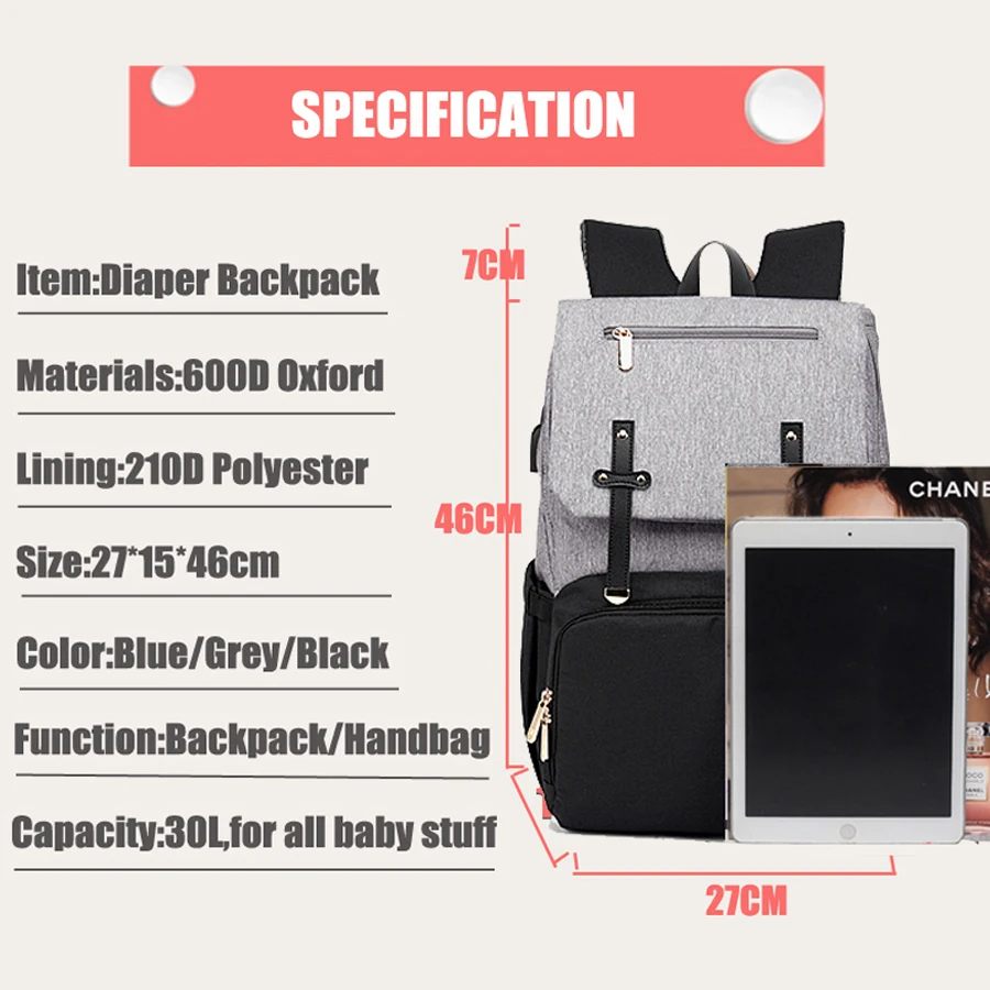  Bolsa de pañales para bebé con puerto USB bolsa de pañales impermeable mochila para madres bolsa de