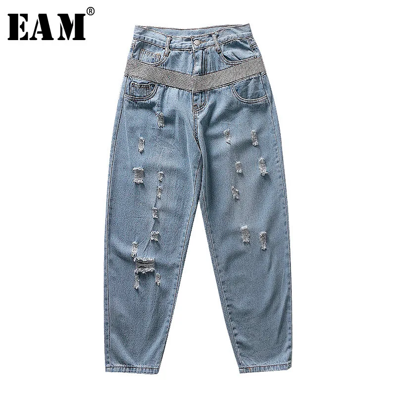 

[EAM] 2019 New Spring Summer High Waist Rhinestone Shining Split Joint Holes Loose Jeans Women Trousers Fashion Tide JQ774