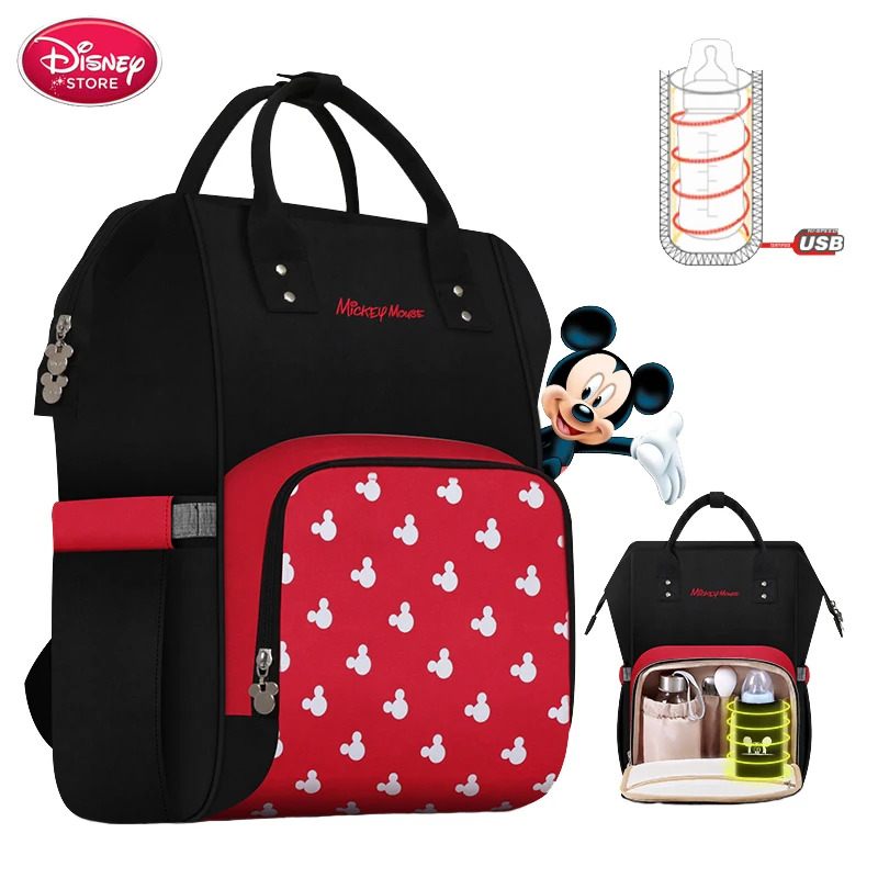 

Disney Diaper Bag Backpack USB Bottle Insulation Bags Minnie Mickey Big Capacity Travel Oxford Feeding Baby Mummy Handbag