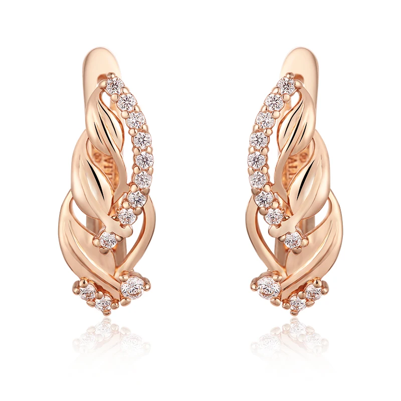 

Women Girls Gift 585 Rose Gold Color White Stone Leaf Drop Earrings