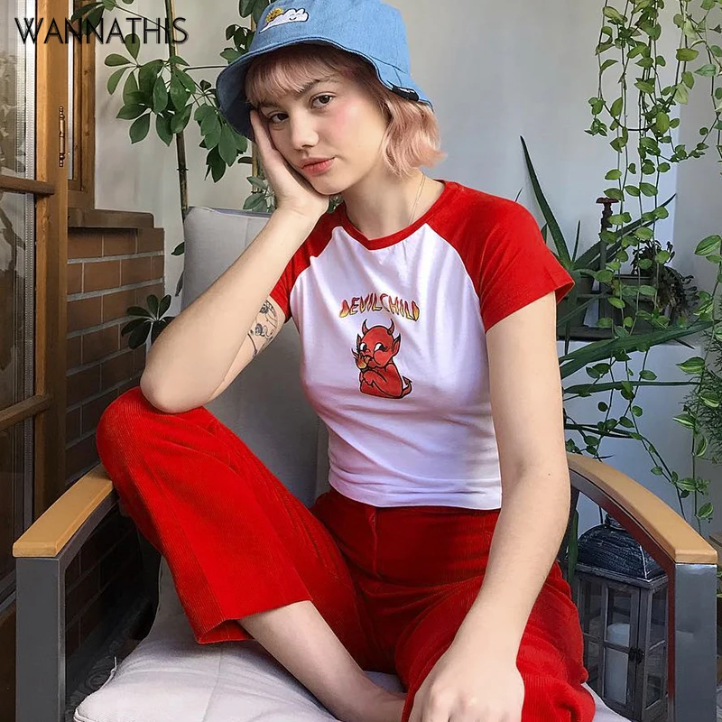 

Short Sleeve T-Shirt Splice Crop Tops Women Letter Evil Chil Printed Summer Spring Cotton Tee Casual Tops Girls Lady Clothing