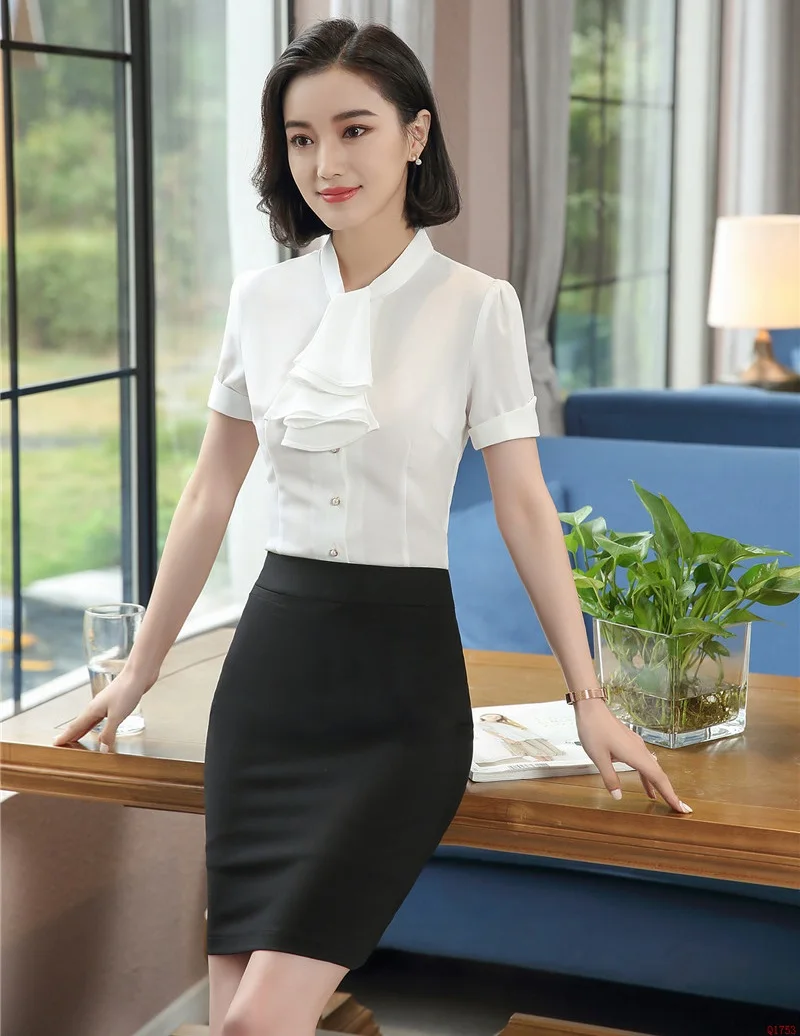 Summer Ladies Blouses White Women Business Suits 2 Piece Skirt and Top