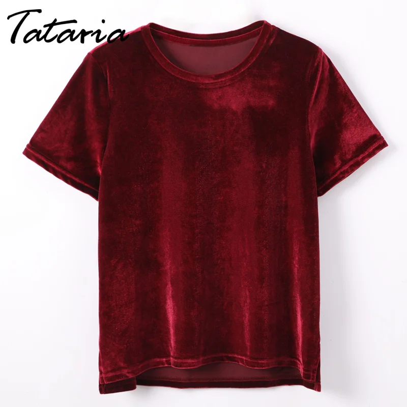 

T shirt Women Summer 2019 Womens Tops Femme O Neck Short Sleeve Crushed Velvet T-shirt Casual Womens Tee Shirts For Woman TATARI