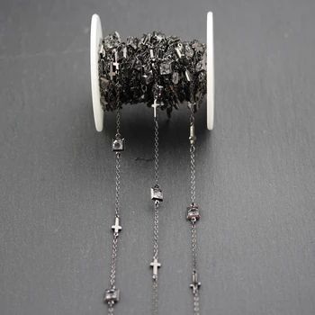 

6mm,Clear White Glass Beads in Square Shape Chains,Wire Wrapped Gun Black Plated Copper Cross Links Jewelry Bracelet