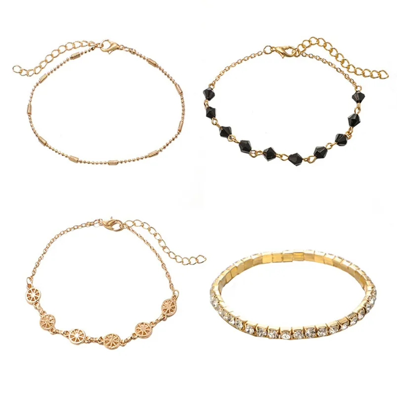 Black Drill Bracelets String Wristlet Elastic Wristband Rope Hollow Bracelet Of 4 Pieces Flawless Jewelry Accessories F14 (6)
