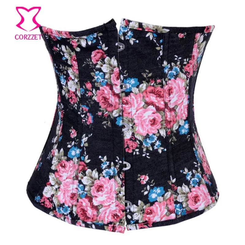 Black Floral / Flower Print Denim Corset Waist Trainer Corsets