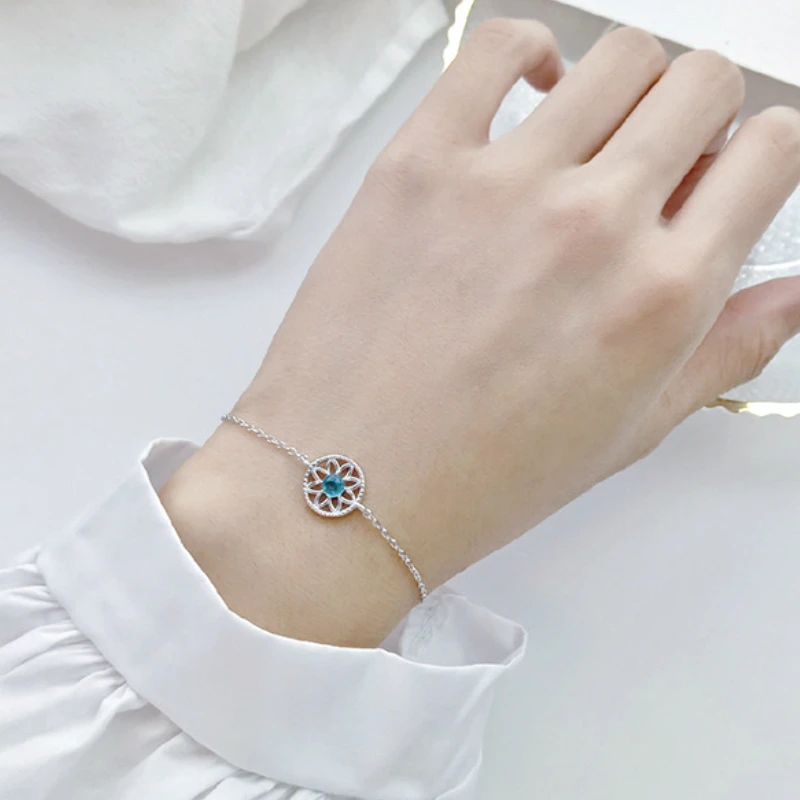Серебряный цветочный Шарм браслет 925 AAA Синий Циркон Подсолнух браслет на удачу для женщин девочек Роскошные модные ювелирные изделия