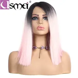 USMEI короткие синтетические кружева спереди парик боковая часть розовый Ombre светлые парики 14 дюйм(ов) длина плеча косплей волос 60 см