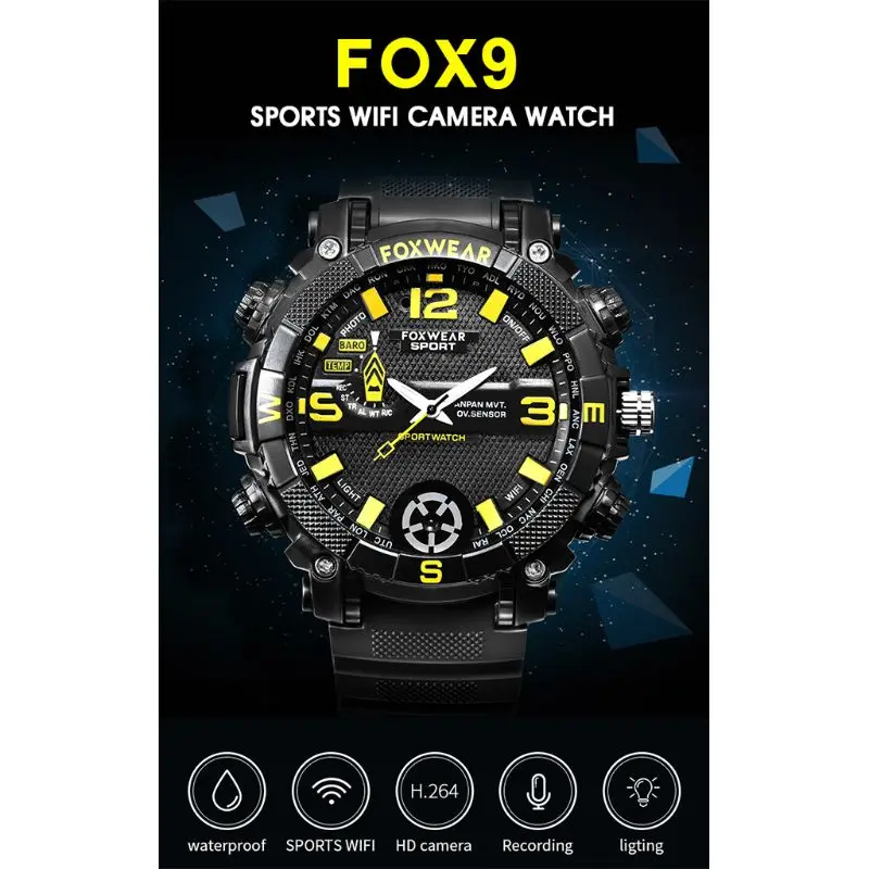 New FOX9 Rechargeable Smart HD Camera Watch Voice Video USB WiFi Recorder LED Light MP3 Player Recording Sport Watch Device