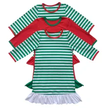 Полосатая Пижама с рождественским оленем для девочек длинное платье с оборками и монограммой