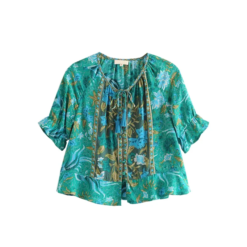 

GYPSY Boho Chic Summer Short Tops Vintage Bird Floral Print Blouses Women Fashion Lace Up Tassel Puff Sleeve Beach Shirts Blusas