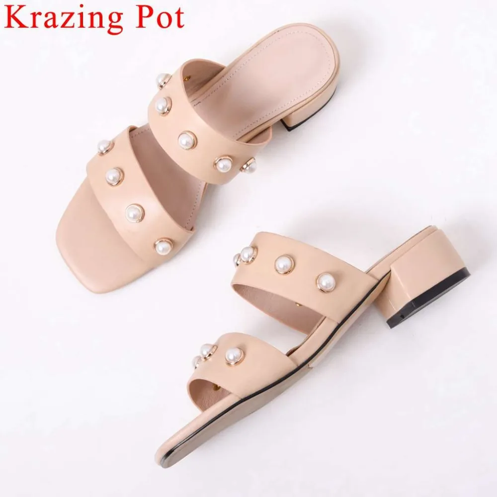 

Krazing Pot real cow leather slip on mules pearls decoration peep square toe chunky heels vocation party sweety girls shoes L15