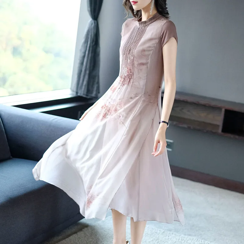 L-3XL, летнее женское платье большого размера, шелк, платье с принтом, повседневное, длинное, Cheongsam, китайский стиль, элегантные, большие размеры, вечерние платья