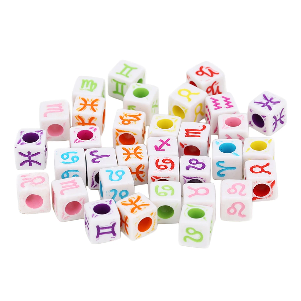 100pcs Acrylic Zodiac Cube Beads Charms Large Hole Beads for jewelry making, Bracelets, Necklaces, Key Chains and DIY Craft