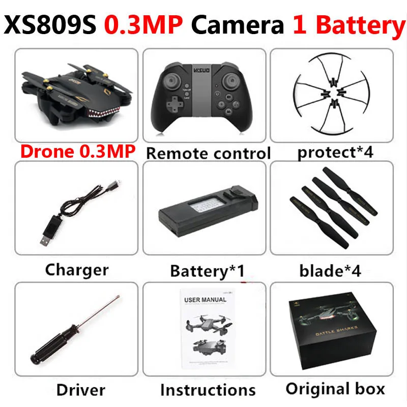 VISUO XS809S Профессиональный складной Дрон с камерой 2MP HD WiFi FPV селфи широкоугольный Радиоуправляемый квадрокоптер Вертолет игрушка для мальчика VS XS816 - Цвет: XS809S 0.3MP 1B Box