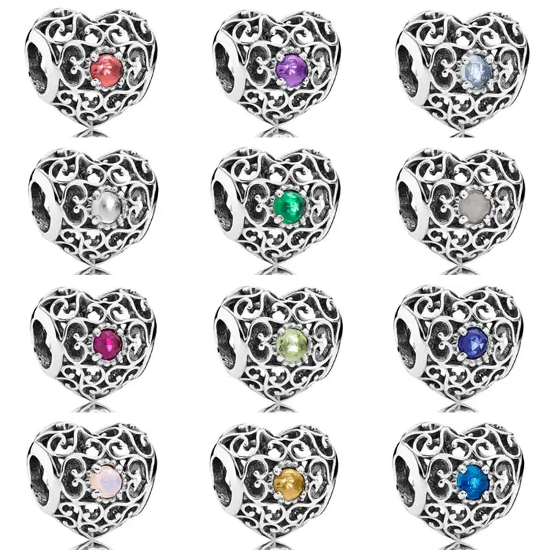 

Authentic 925 Sterling Silver Bead Charm Openwork Month Signature Heart Birthstone Bead Fit Pandora Bracelet DIY Jewelry