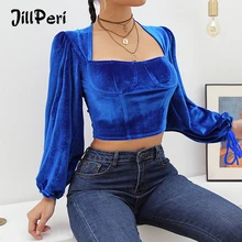 JillPeri женский короткий модный топ из бархата с вырезом лодочкой, с длинным рукавом, наряд с шортами, Футболка Клубная уличная одежда, сексуальные топы