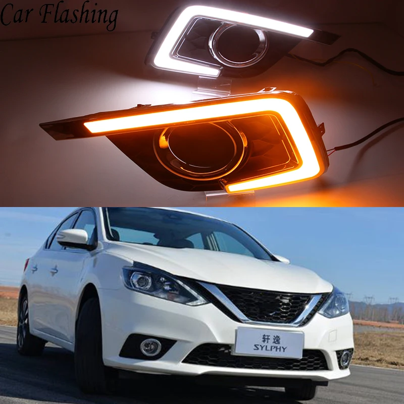 

Car Flashing 1Pair For Nissan Sentra 2016 2017 2018 LED Daytime Running Light Car Accessories 12V DRL Fog Lamp Decoration yellow