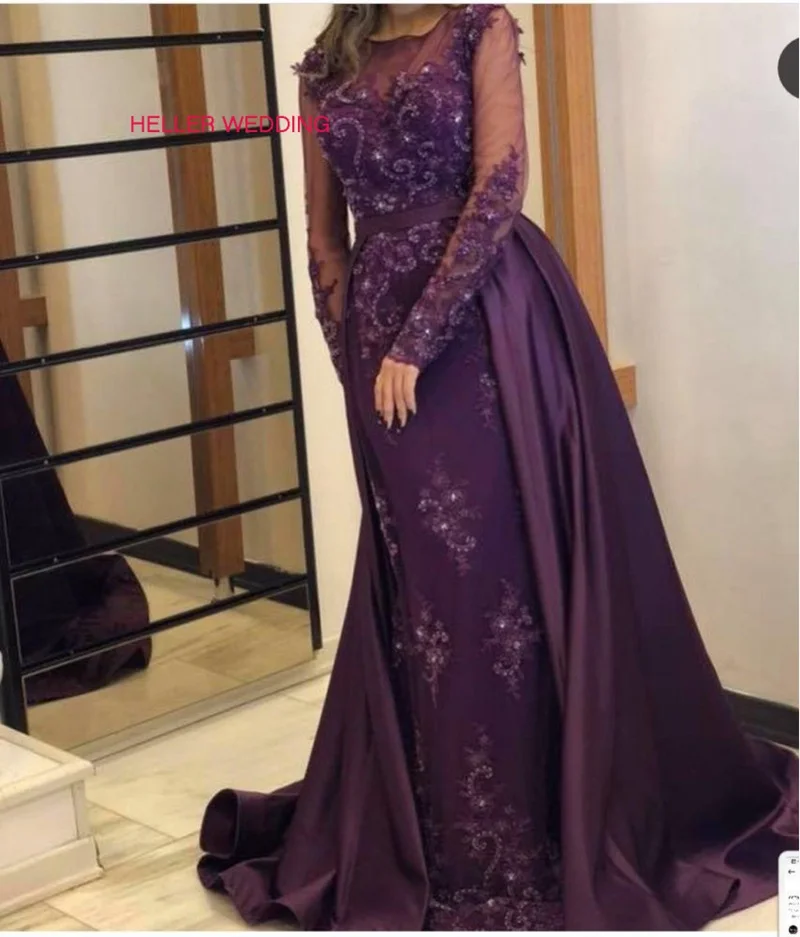 

Long Sleeve Prom Dress 2019 Long Illusion Neck Appliques Beaded Purple Prom Dress With Detachable Train Arabic Evening Dress