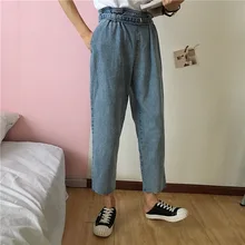 Винтажные прямые женские джинсы с завышенной талией в Корейском стиле; джинсы с манжетами; Feminino
