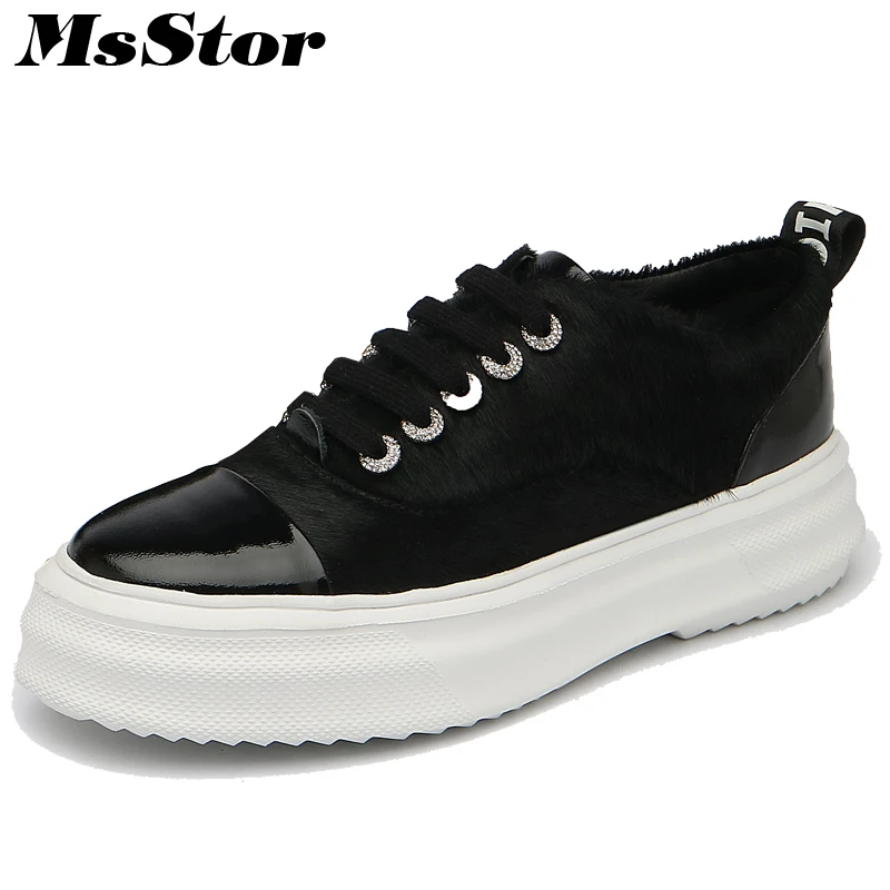 Crin Femmes Solide Msstor 2018 Noir marron Bout Dames Croix Rond Plat Casual Fourrure Noir Liée Chaussures Appartements Printemps Mode De awItIqr