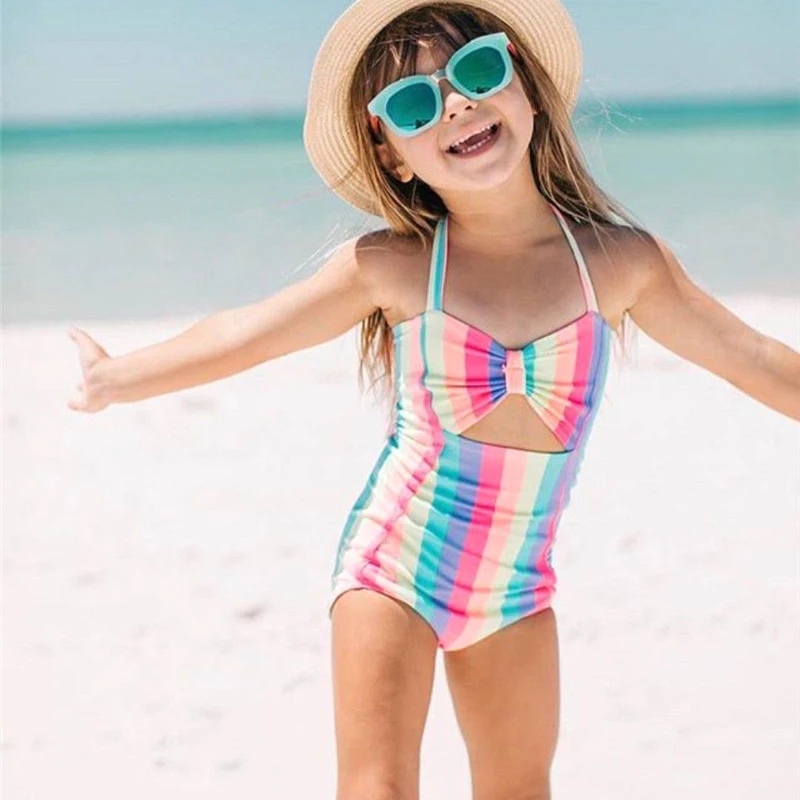 

Children Swimwear Baby Kids Cute Bikinis Girls One Piece swimsuit Rainbow Halter Bowknot High waist Holes Beachwear Bathing Suit