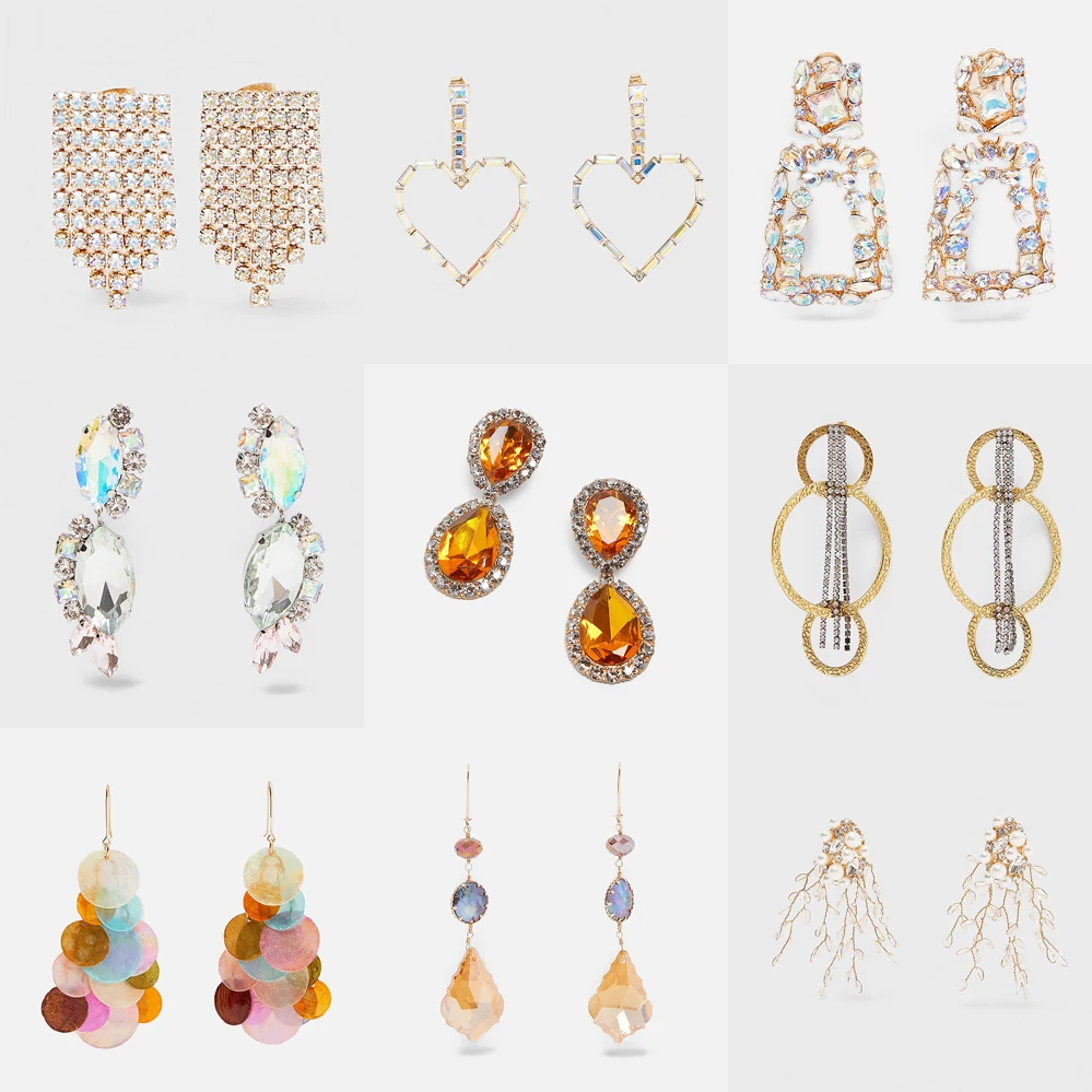 

Girlgo 2019 Za Golden Sparkly Crystal Dangle Earrings for Women Bridal Teardrop Hanging Earrings Colorful Heart Square Jewelry