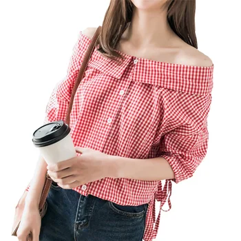 

Summer Plus Size Women Clothing Blouses 4XL Casual Fashion Loose Peter Pan collar Short sleeve Plaid Shirts 2018 Cotton OL shirt