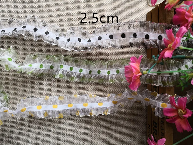 

Wholesale Lot Multi colors Dot ruffle elastic stretch lace trim with silver edge DIY Sewing 2.5cm 1inch