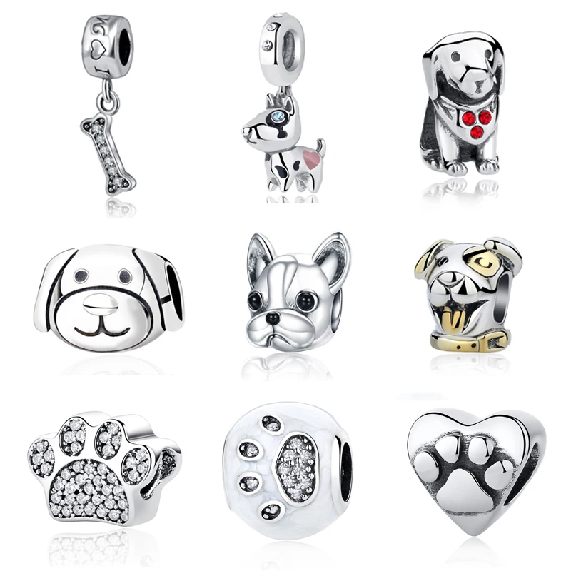 925 Sterling Silver Pet Dog Bone Lucky Dog Paw CZ Crystal Pendant Bead