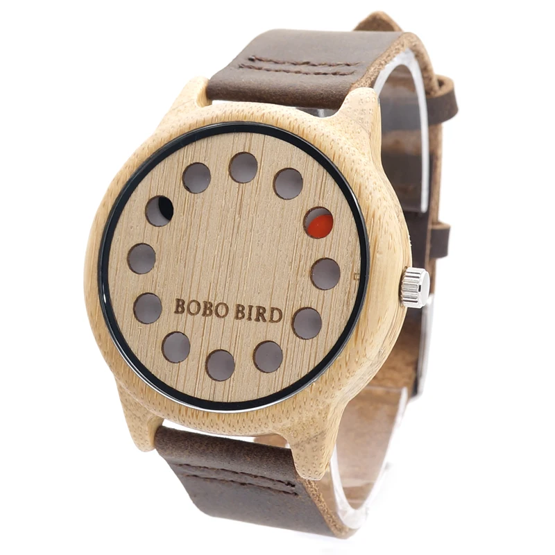BOBO BIRD V-A26, 12 отверстий, дизайнерские бамбуковые деревянные часы, мужские кварцевые аналоговые часы, коричневые кожаные деревянные наручные часы