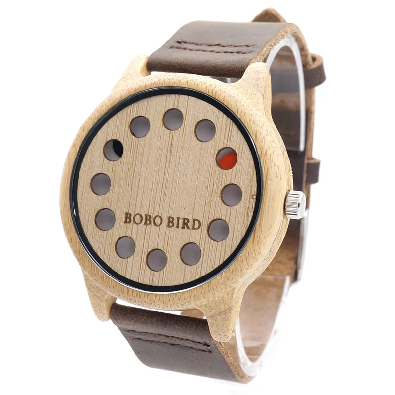 BOBO BIRD V-A26 12 Holes Design Bamboo Wood Watch Mens Quartz Analog Watches Brown Leather Wooden Wristwatch Band