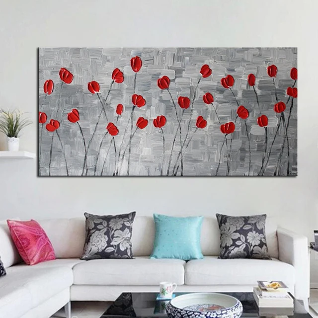 Handmade Heavy Textured Modern Abstract Decoration Picture Red Handmade Heavy Textured Modern Abstract Decoration Picture Red Flower Oil Paintings For Bedroom Wall Decor Canvas