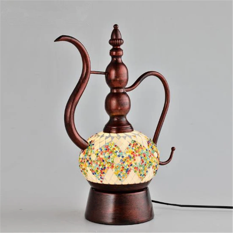 Mediterranean Cafe Morocco Bar Table Lamp Iron Retro Hotel KTV Bedroom Bedside Teapot Study Decoration Lamp Free Shipping