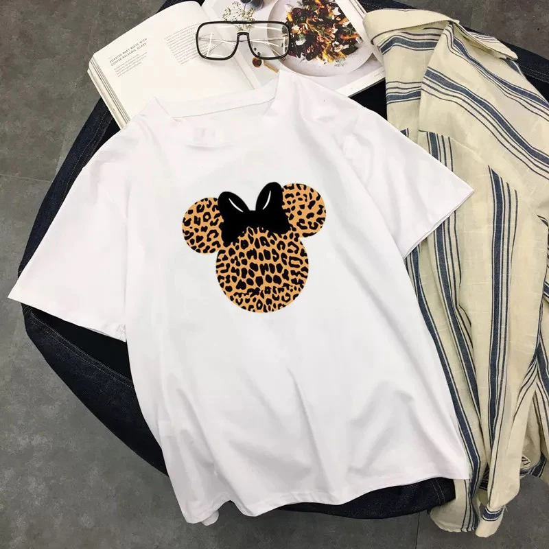 Женская летняя футболка Camiseta Mujer Ulzzang топы графическая Femme леопард Микки Минни