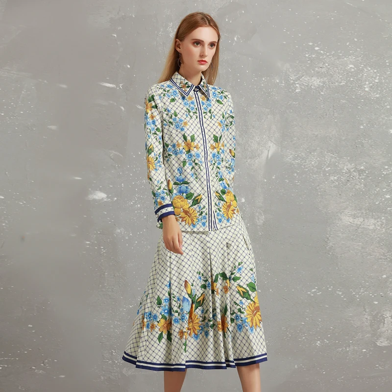 

2019 New High Quality Fashion Women's Set European Runway Designer Spring Long Sleeve Stripes Flower Print Shirt + Skirt Suits